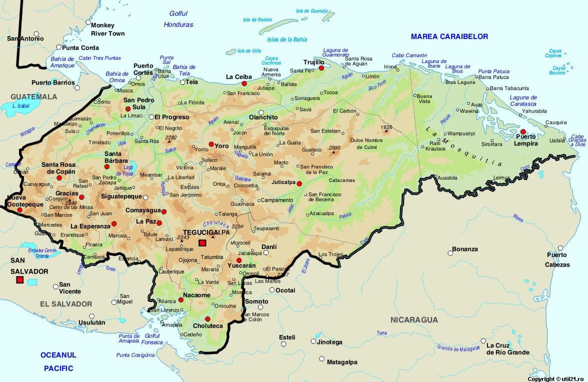 mapa Hondurasu a okolitých krajín