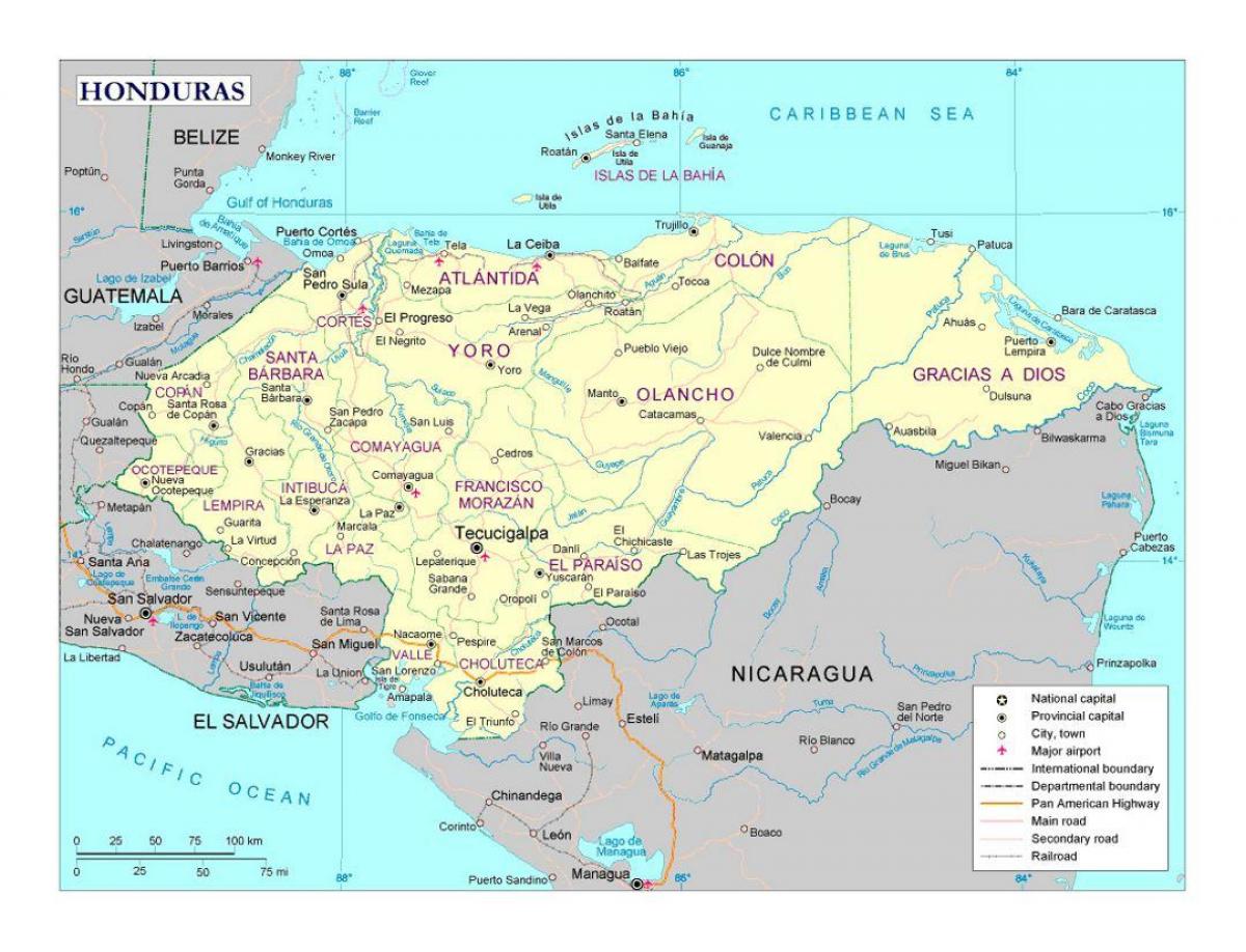 Honduras mapa s mestá